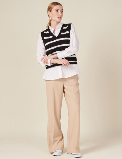 Pull droit court sans manches col v noir femme
