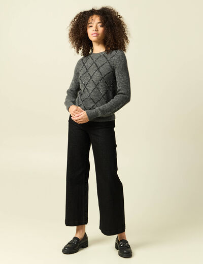 Pull manches longues &agrave; sequins gris fonc&eacute; femme