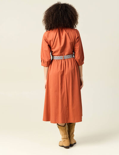 Robe midi évasée ceinturée marron cognac femme