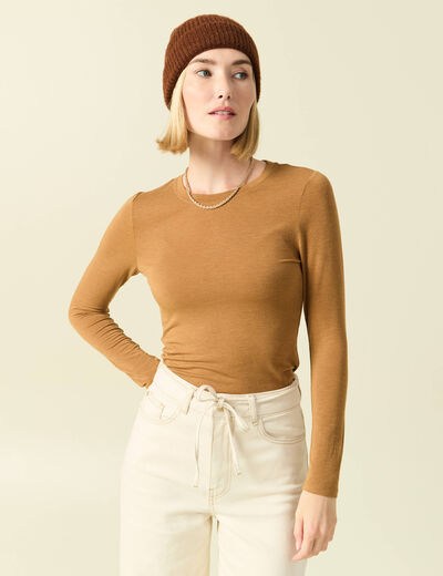 T-shirt cintr&eacute; manches longues col rond marron clair femme