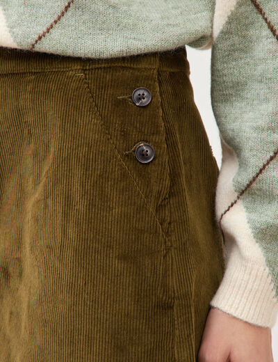 Jupe droite courte en velours vert olive femme