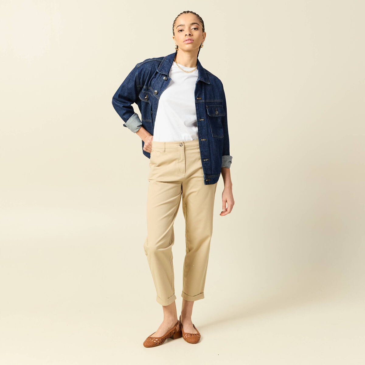 Pantalon taille haute fluide marron clair femme