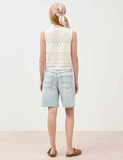 Gilet ajour&eacute; droit court sans manches creme femme