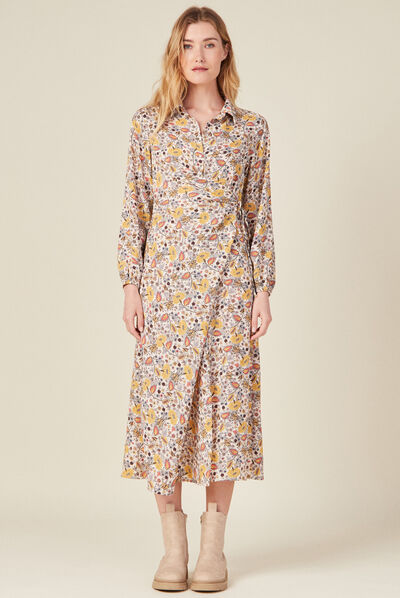 Robe longue droite drapée beige femme