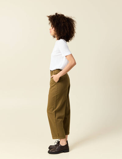 Jeans barrel taille haute 7/8&egrave;me vert kaki femme
