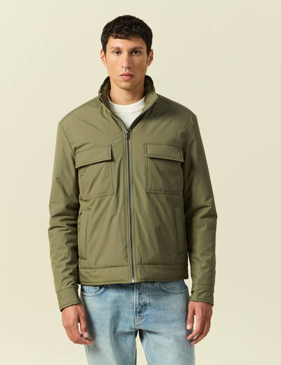 Blouson droit court &agrave; capuche vert kaki homme