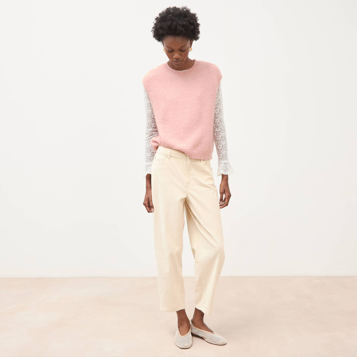 Pantalon taille haute velours resserr&eacute; ivoire femme