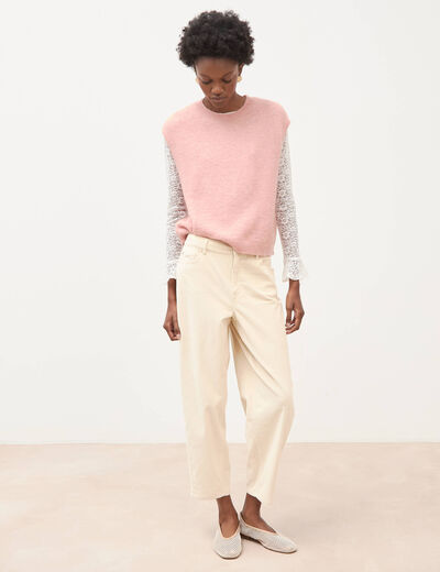 Pantalon taille haute velours resserr&eacute; ivoire femme