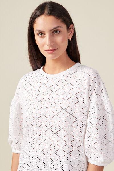T-shirt manches 3/4 ajouré ecru femme