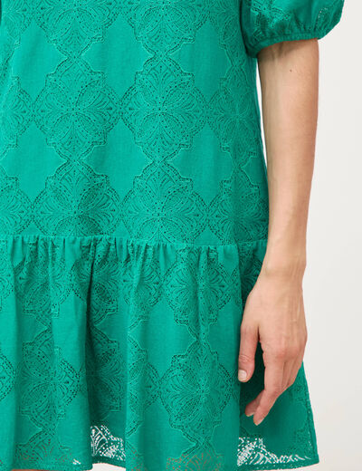 Robe dentelle col v manches coude vert femme