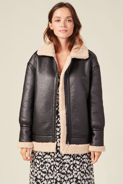 Blouson droit simili cuir noir femme