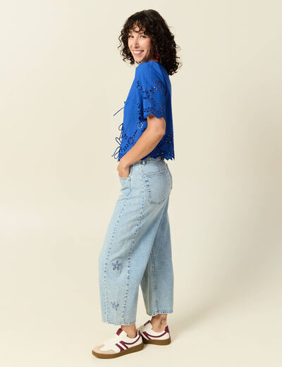 Blouse manches courtes brodée bleu electrique femme