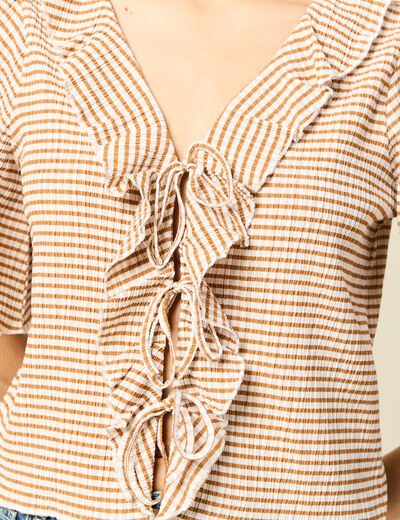 T-shirt col V &agrave; volants manches courtes marron clair femme