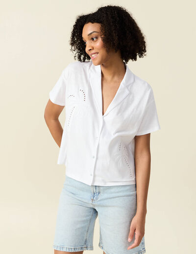 T-shirt manches courtes brodé blanc femme