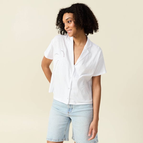 t shirt manches courtes brode blanc femme T-shirt manches courtes brodé blanc femme