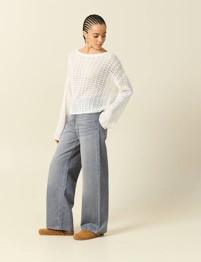 Pull ajour&eacute; col bateau manches longues ecru femme
