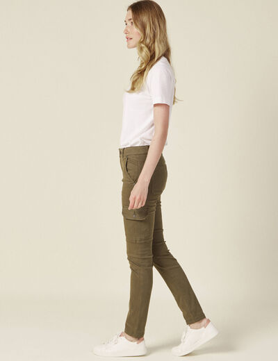 Pantalon slim poches cargo vert kaki femme