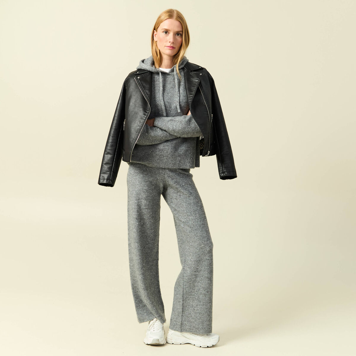 Pantalon large taille haute en maille gris femme