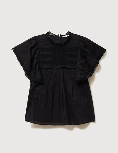 Blouse ample col montant manches courtes noir femme
