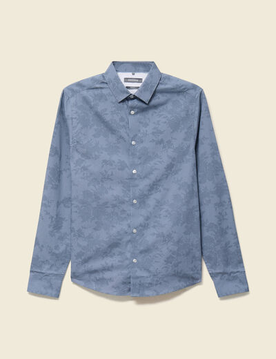 Chemise cintr&eacute;e en coton manches longues bleu homme