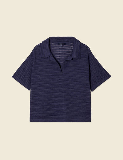 T-shirt manches courtes ajouré bleu marine femme