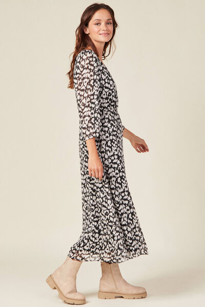 Robe longue évasée manches 3/4 noir femme
