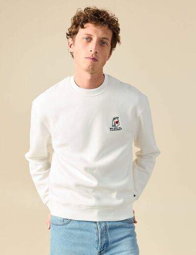Sweat ras de cou manches longues brod&eacute; ecru homme