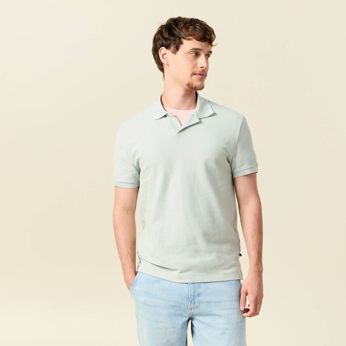 Polo cintré manches courtes en coton vert clair homme