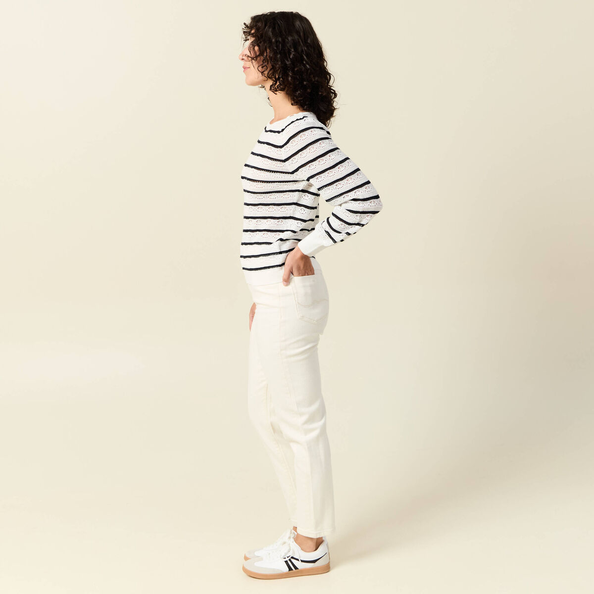 Pull manches longues ajouré ecru femme
