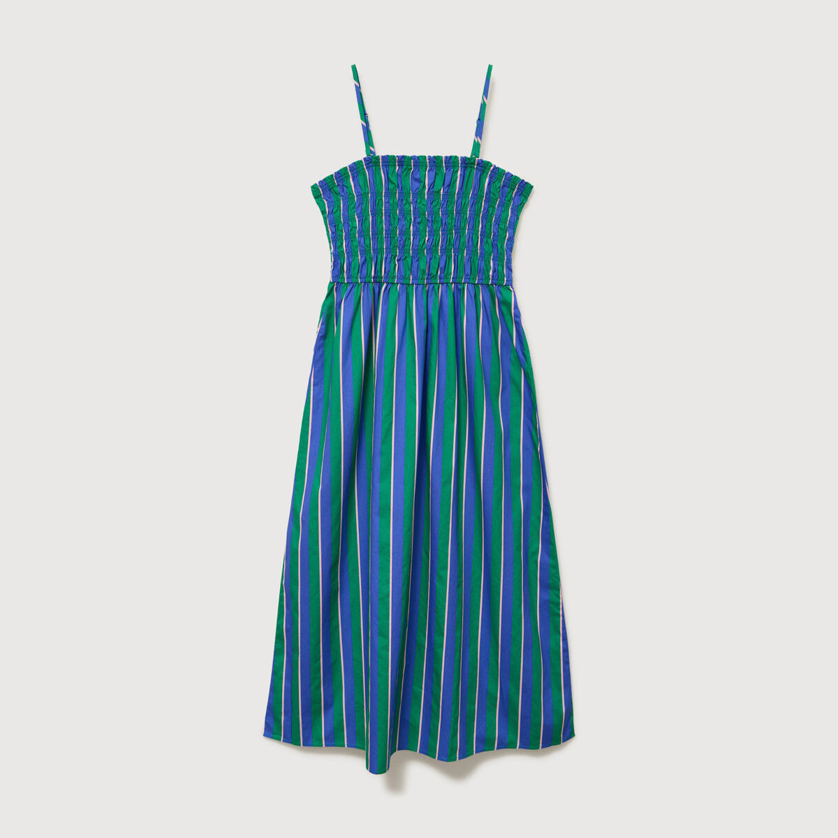 Robe bretelles col carr&eacute; en coton bleu femme