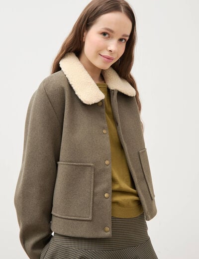 Blouson court oversize col sherpa vert kaki femme