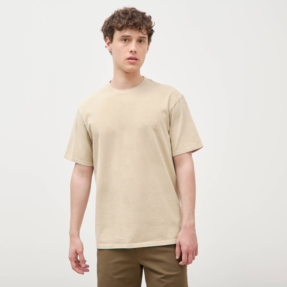 T-shirt ample col rond broderie coton beige homme