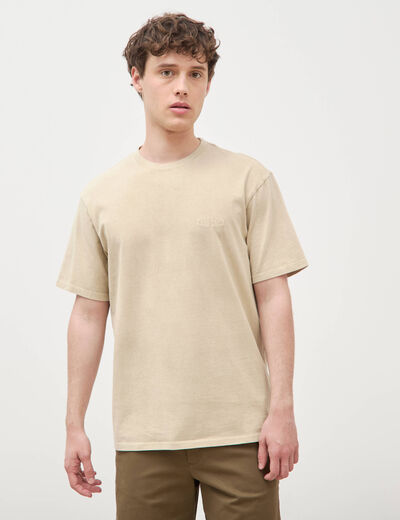 T-shirt ample col rond broderie coton beige homme