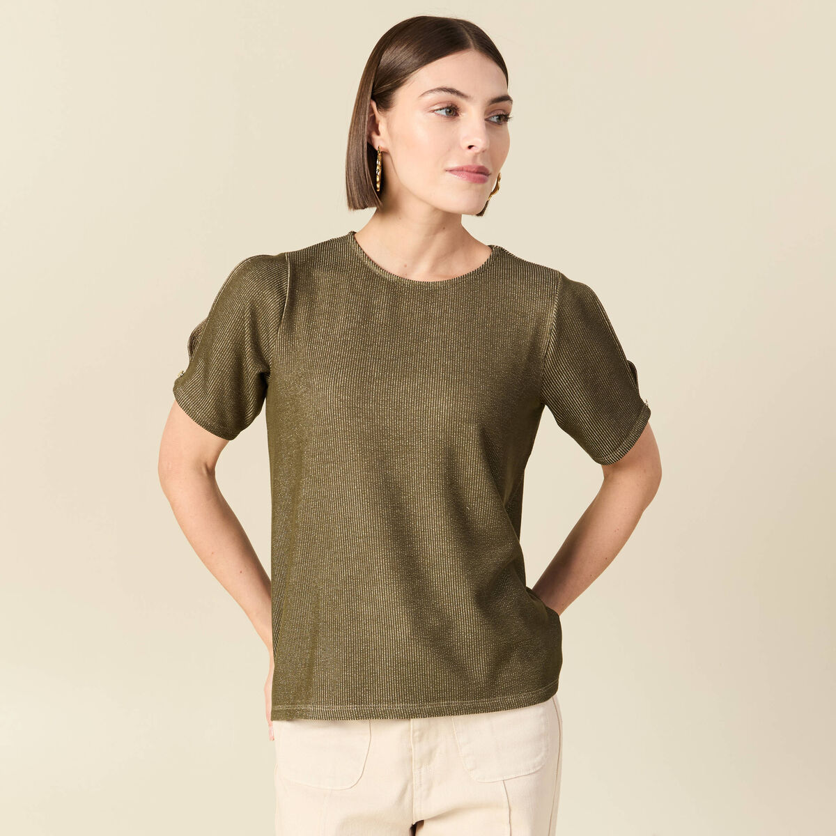 T-shirt manches courtes brillant vert kaki femme