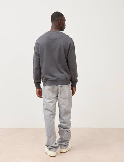 Sweat col rond manches longues en coton gris fonc&eacute; homme