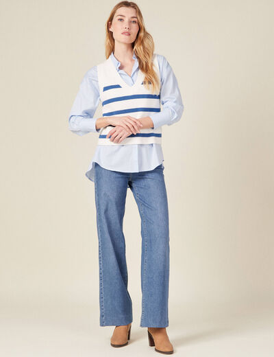 Pull droit court sans manches col v ecru femme