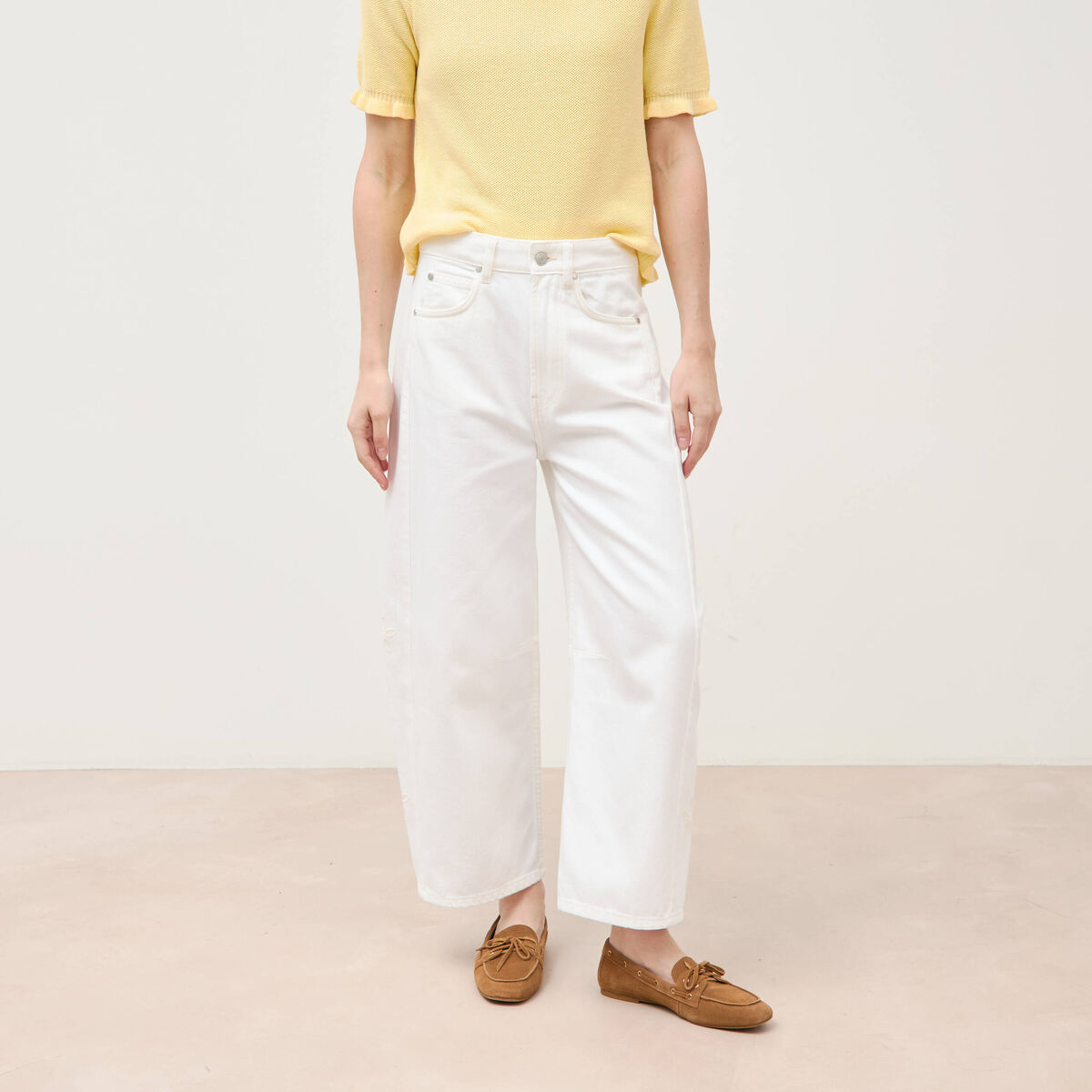 Jeans barrel taille haute 7/8&egrave;me denim blanc femme