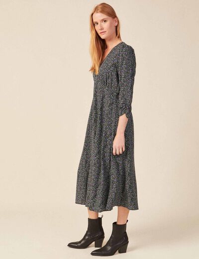 Robe droite 3/4 col v manches fluides noir femme