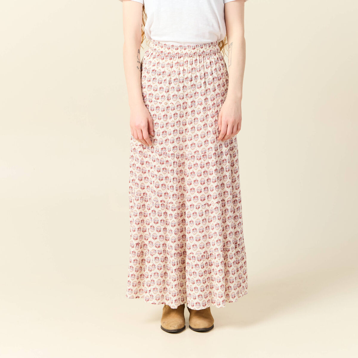 Jupe longue droite fluide ivoire femme