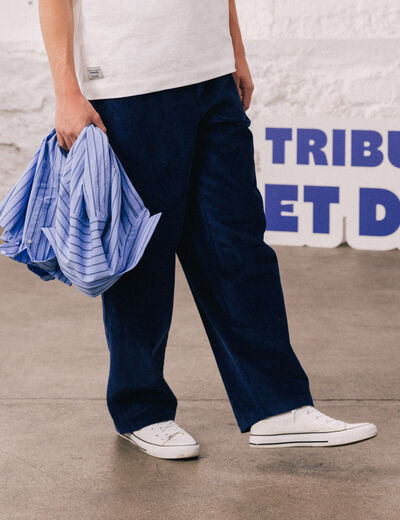 Pantalon large en velours longueur 32 bleu fonc&eacute; homme