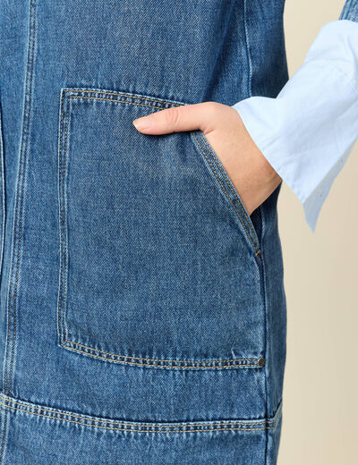 Robe droite courte en coton col v denim stone femme
