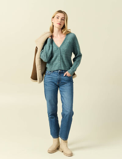 Gilet ajour&eacute; col V manches longues vert femme