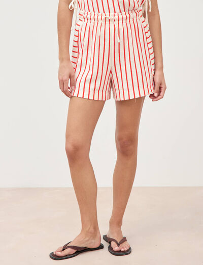 Short taille haute en maille ray&eacute;e orange fonc&eacute; femme
