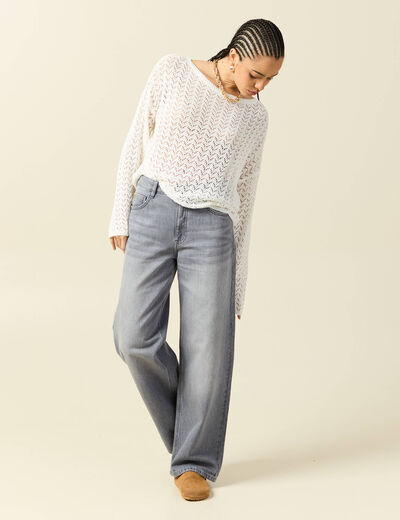 Pull ajour&eacute; col bateau manches longues ecru femme