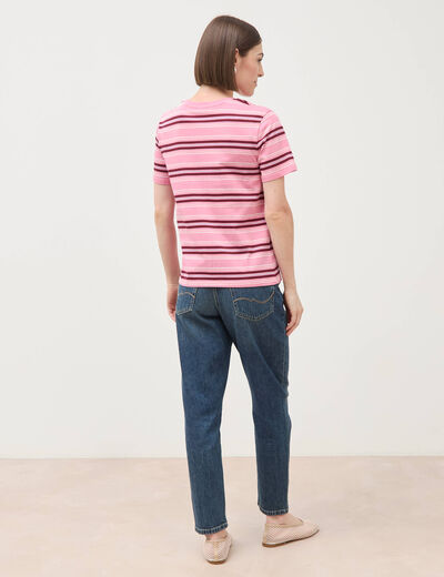 T-shirt ray&eacute; col rond manches courtes vieux rose femme