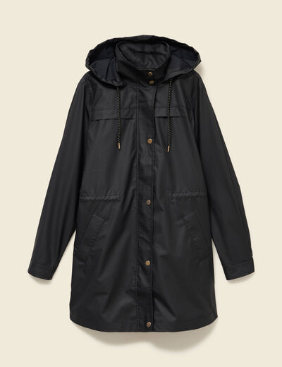 Parka longue droite d&eacute;perlante &agrave; capuche noir femme