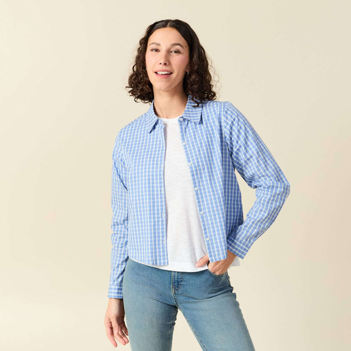 Chemise droite courte en coton bleu clair femme