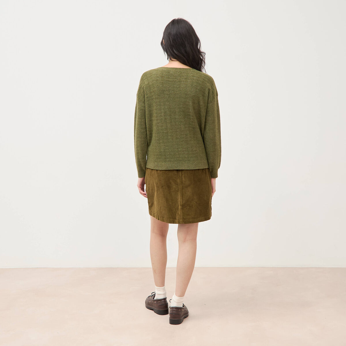 Pull manches longues col bateau vert kaki femme