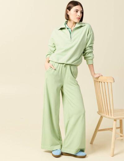 Pantalon large taille haute fluide vert clair femme