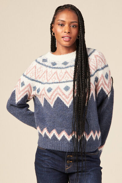 Pull manches longues col rond bleu canard femme